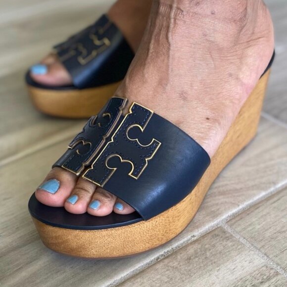 Tory Burch Ines Platform Wedge Sandals Heels Navy/Gold Size 7.5 - Picture 1 of 8